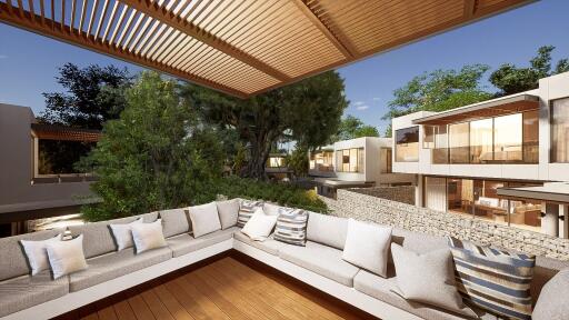 Outdoor living space with a comfortable L-shaped sofa and a pergola