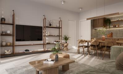 Modern living room with TV, shelving, and dining area