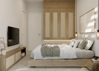 Modern bedroom with neutral decor and minimalist furniture