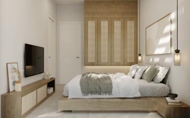 Modern bedroom with neutral decor and minimalist furniture