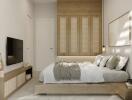 Modern bedroom with neutral decor and minimalist furniture