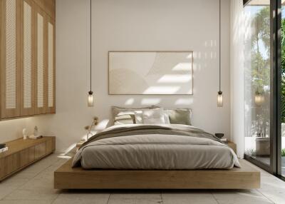 Modern bedroom setup with a large bed, hanging pendant lights, and outdoor view