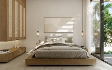 Modern bedroom setup with a large bed, hanging pendant lights, and outdoor view