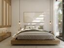 Modern bedroom setup with a large bed, hanging pendant lights, and outdoor view