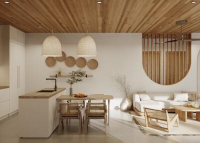 Modern open-plan kitchen and living room with wood accents