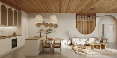 Modern open-plan kitchen and living room with wood accents