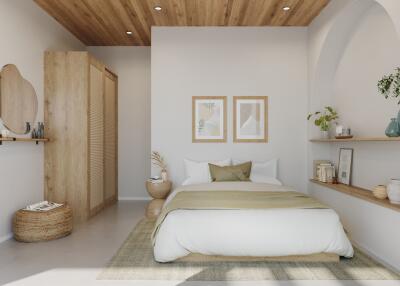 Cozy modern bedroom with wooden accents