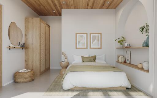 Cozy modern bedroom with wooden accents