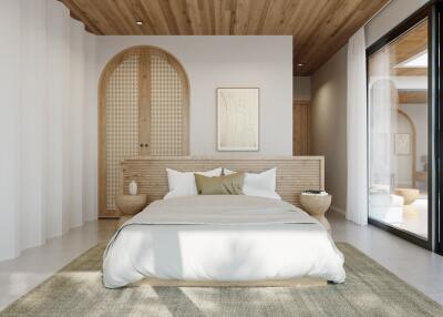 Modern bedroom with wooden ceiling, double bed, and large window