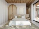 Modern bedroom with wooden ceiling, double bed, and large window