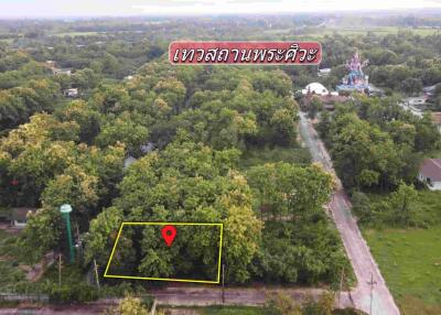 Aerial view of a plot of land surrounded by lush greenery