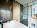 Modern bathroom with marble and glass features