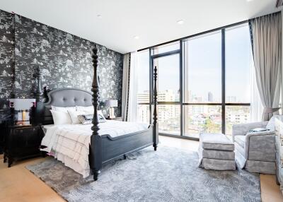 Modern bedroom with large window and city view