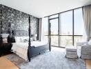 Modern bedroom with large window and city view