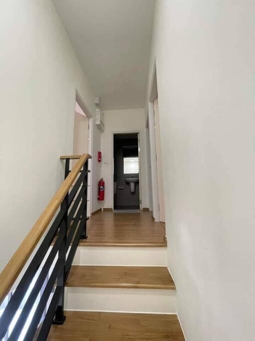 Modern hallway with wooden flooring and stairs