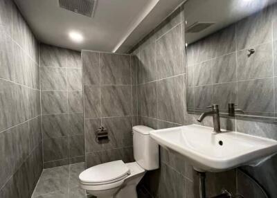 Modern bathroom with grey tile walls and flooring