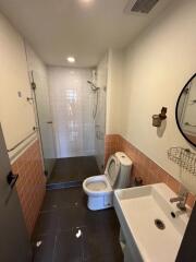 Modern bathroom with walk-in shower and vanity