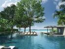 Luxury resort pool area with lounge chairs and trees overlooking the ocean