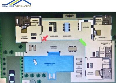 Floor plan of a property with a swimming pool