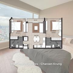 Bedroom with bed and city view through window, floor plan overlay