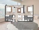 Bedroom with bed and city view through window, floor plan overlay