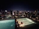 Night view of a rooftop pool and city skyline