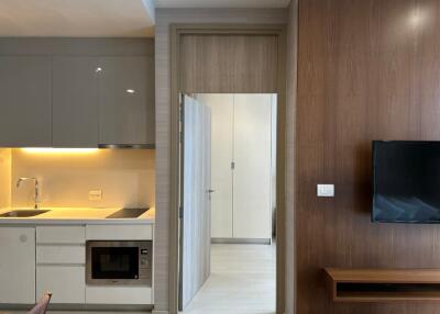 Modern kitchen with overhead cabinets, built-in microwave, and living area with mounted TV