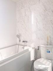 Modern bathroom with marble tiles and bathtub