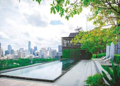 Outdoor pool with city skyline view