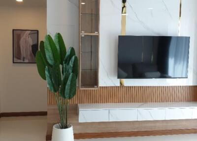 Modern living room with mounted TV and plant