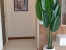 Modern hallway with large green plant and artwork