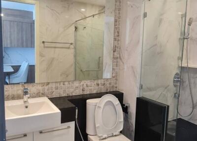 Modern bathroom with a vanity, toilet, and glass-enclosed shower