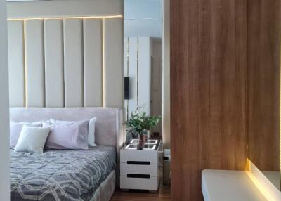 Modern bedroom with stylish decor featuring a bed, bedside table, wooden accent wall, and indoor plants