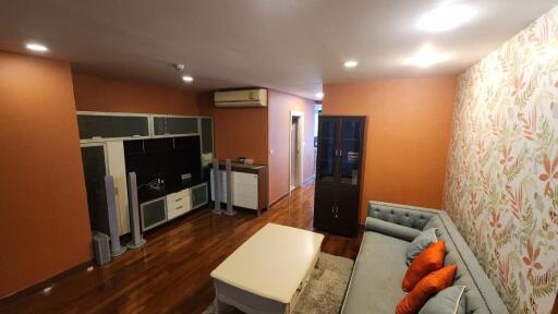 Modern living room with wood flooring, sofa, coffee table, entertainment center, and air conditioning