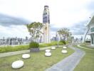 High-rise building with a landscaped terrace offering city views