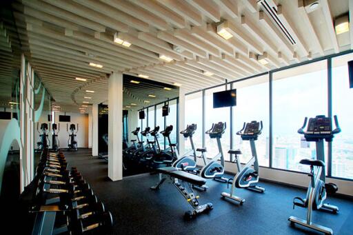 Modern fitness center with cardio machines, weights, and large windows