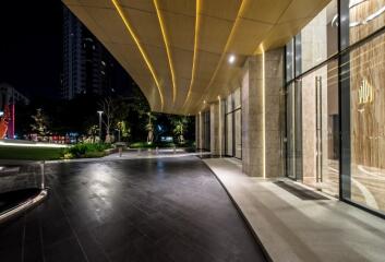 Modern building entrance at night