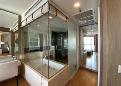 Modern bathroom with glass shower and tub