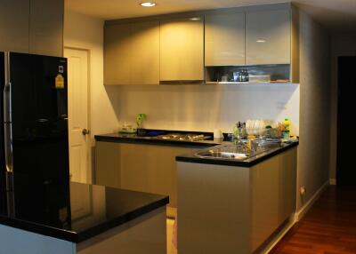 Modern kitchen with black countertops and sleek cabinetry