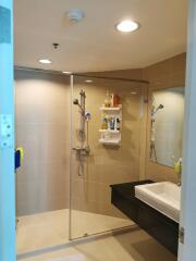 Modern bathroom with a glass-enclosed shower