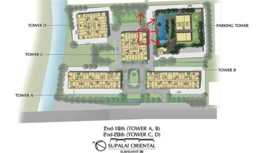 Site map of Supalai Oriental Sukhumvit 39 showing tower placements and site layout