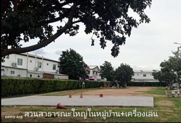 An open outdoor space with a large concrete area and surrounding buildings under a tree