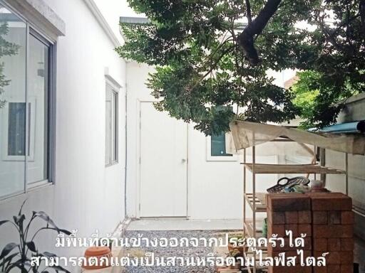 Outdoor area with a tree and a white building