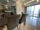 Modern dining area with mirror wall and large windows