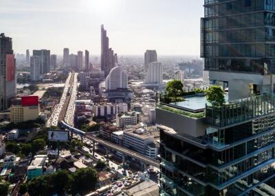 View of a city skyline with buildings and traffic