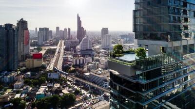 View of a city skyline with buildings and traffic