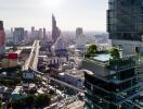 View of a city skyline with buildings and traffic