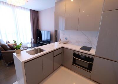 Modern kitchen with integrated appliances and adjacent living area