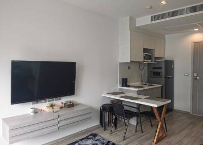 Modern living area with TV and compact kitchen