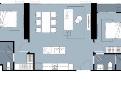 Floor plan of a modern apartment featuring two bedrooms, bathrooms, a living room, and a kitchen.